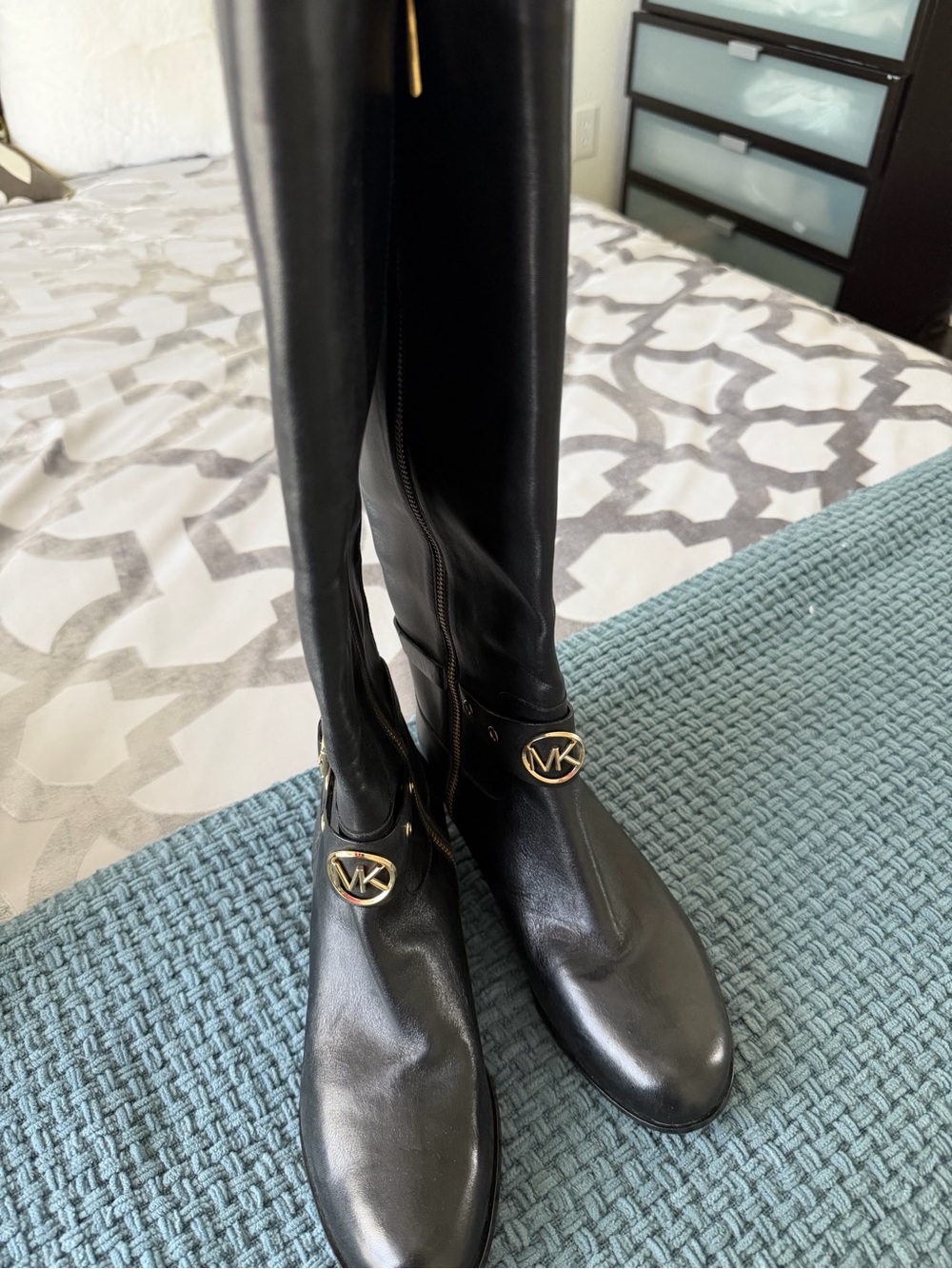 Michael Kors Black Leather Over-the-Knee Boots with Gold MK Emblem